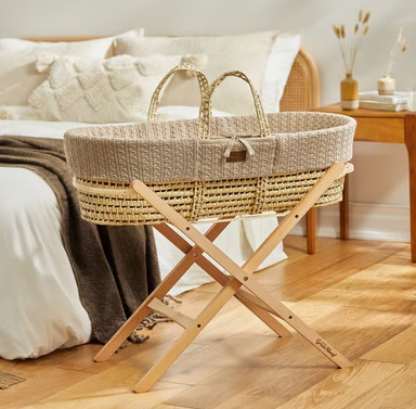The Little Green Sheep Organic Knitted Moses Basket Set inc Natural mattress Knitted Truffle - Hola BB