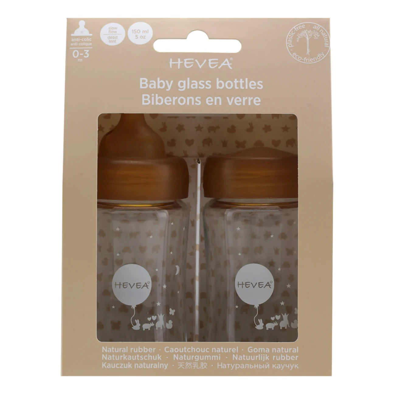 Hevea Baby glass bottle Wide Neck 150ml Slow Flow  - Hola BB